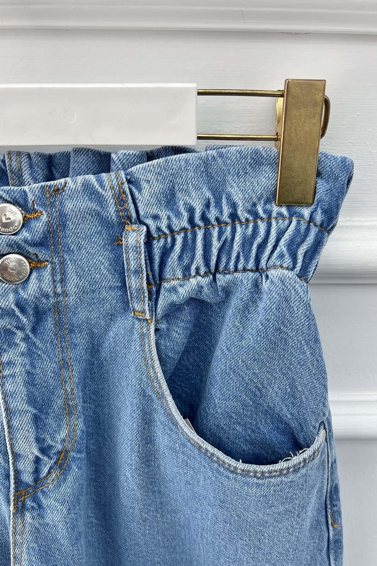Sare Fashion Elastic Waist Double Button Jeans Light Blue