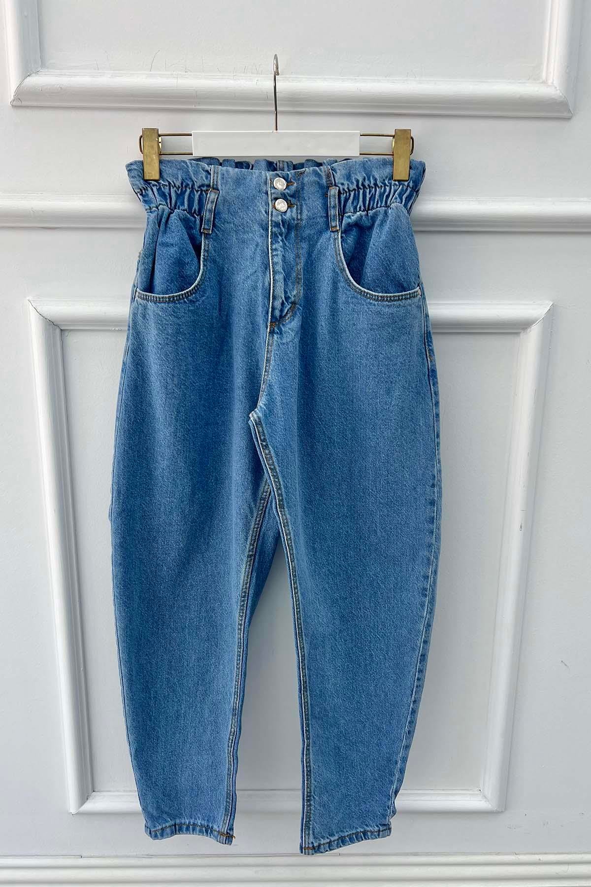 Sare Fashion Elastic Waist Double Button Jeans Light Blue
