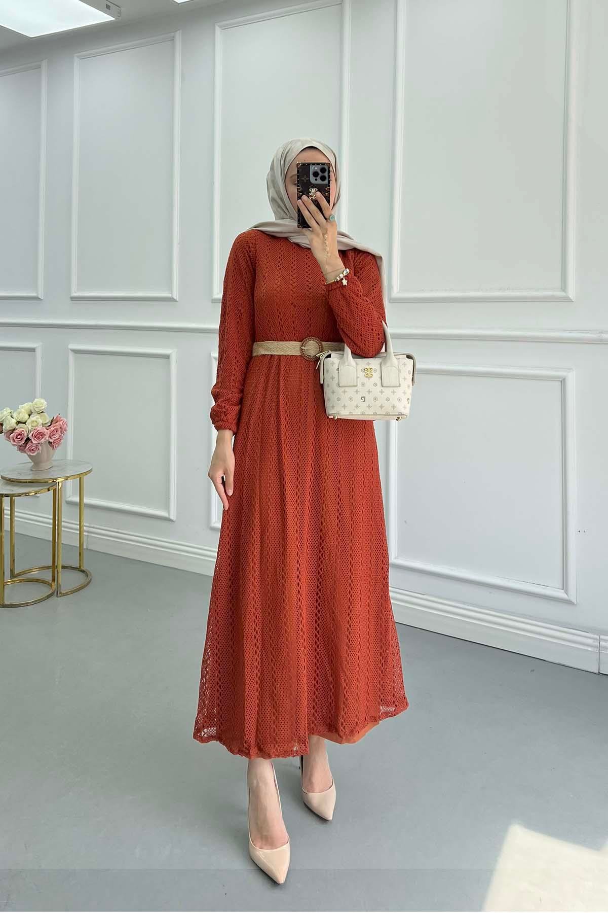 Sare Fashion Elastic Waist Belted Cutout Dress Tile