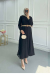 Sare Fashion Elastic Waist Belted Scalloped Dress Black