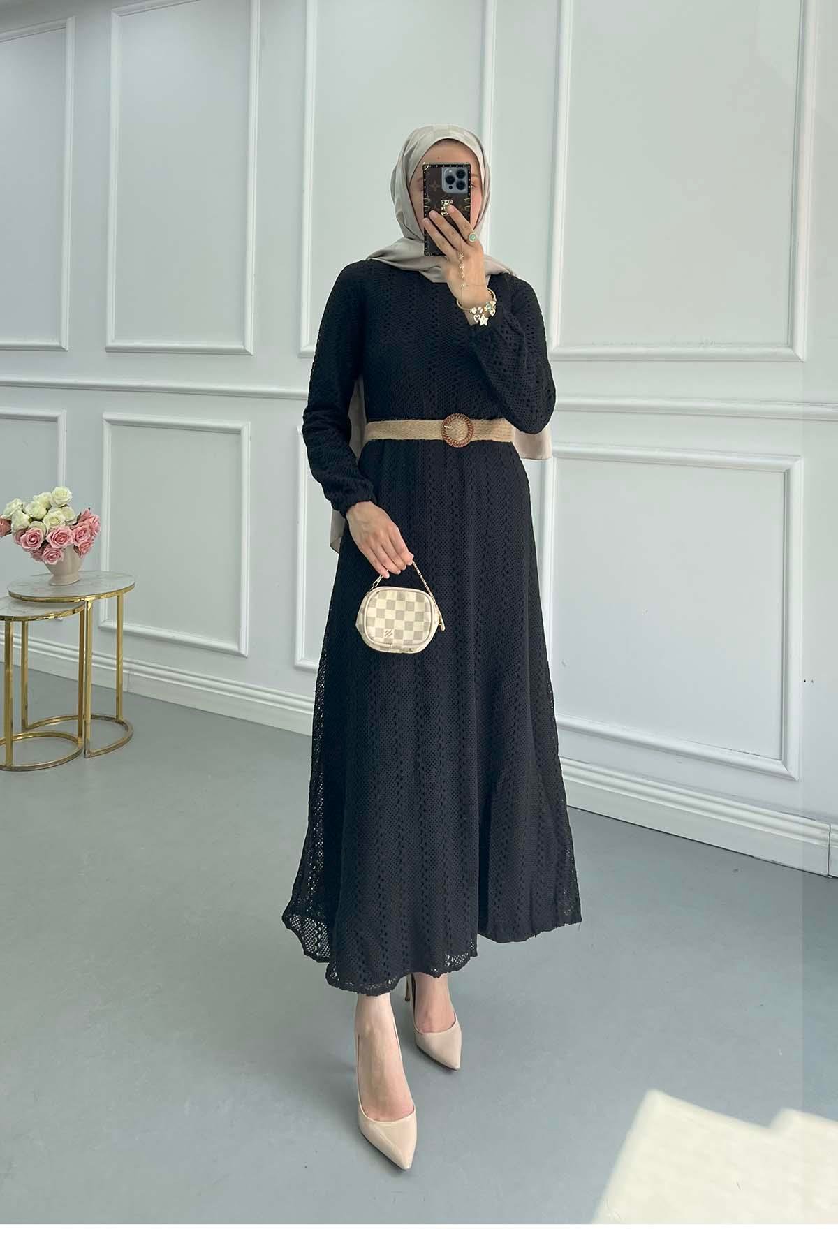 Sare Fashion Elastic Waist Belted Scalloped Dress Black