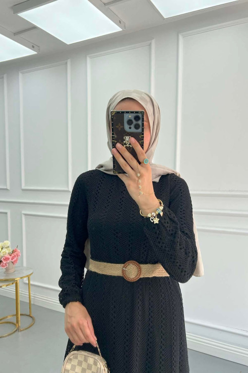 Sare Fashion Elastic Waist Belted Scalloped Dress Black