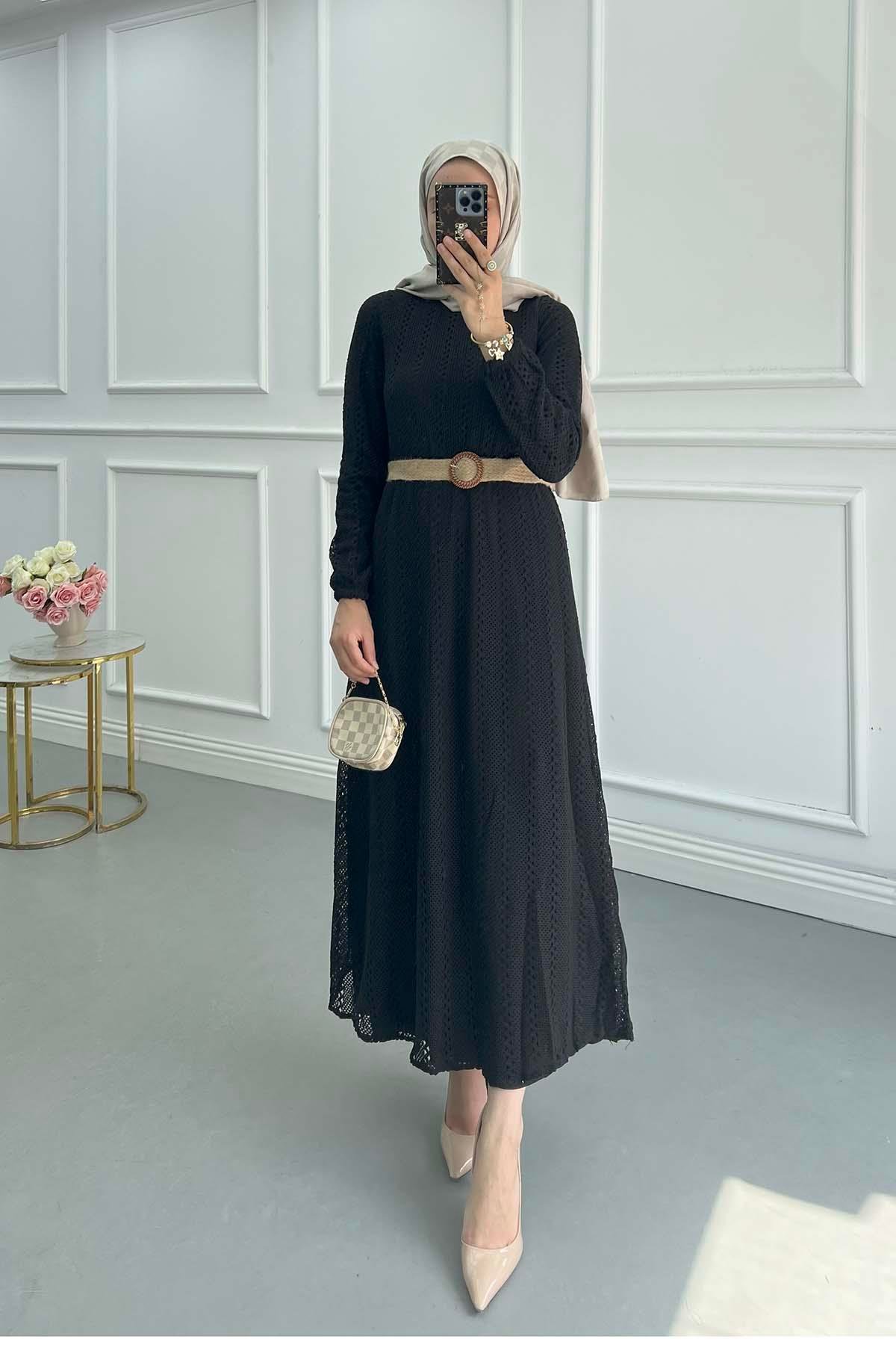 Sare Fashion Elastic Waist Belted Scalloped Dress Black