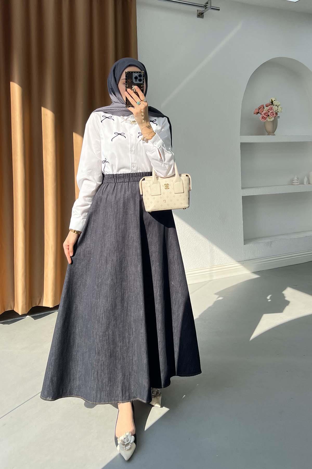 Sare Fashion Elastic Waist Denim Skirt Navy Blue