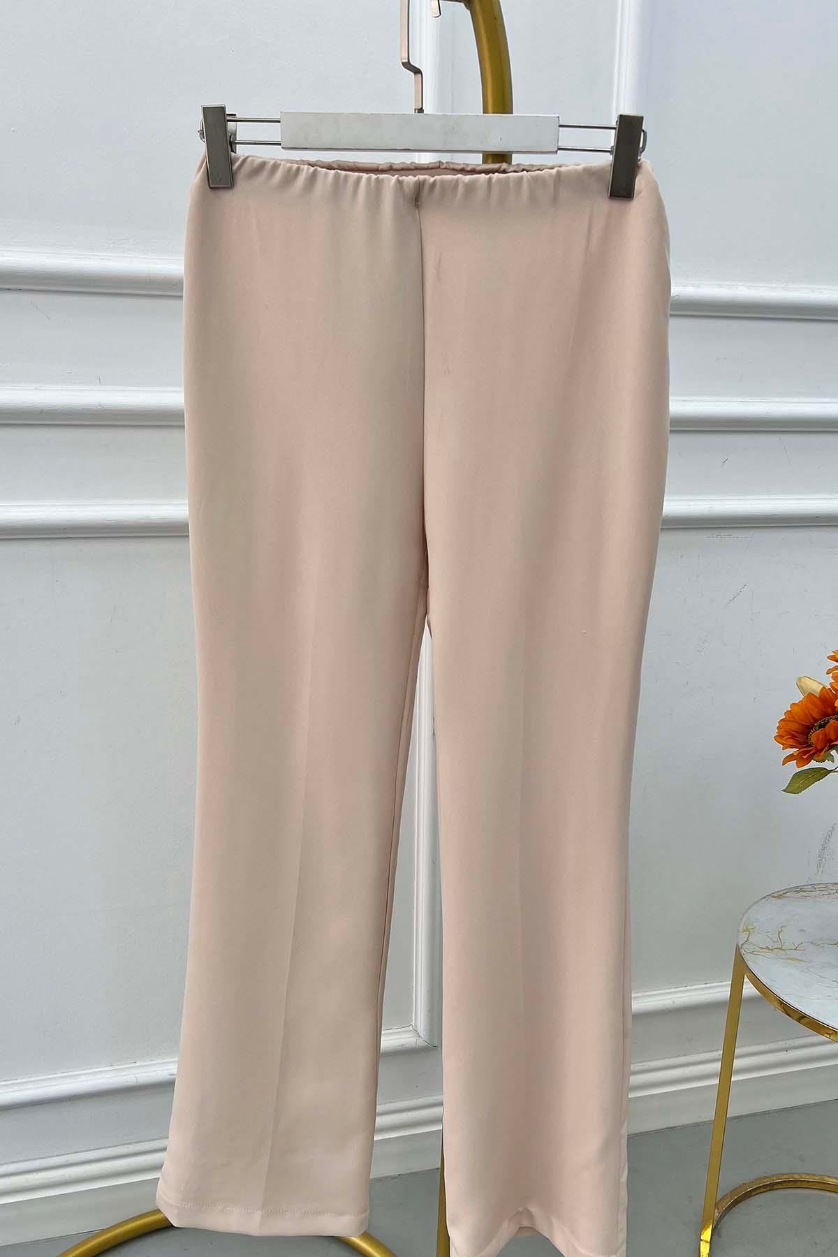 Sare Fashion Elastic Waist Crepe Trousers Beige