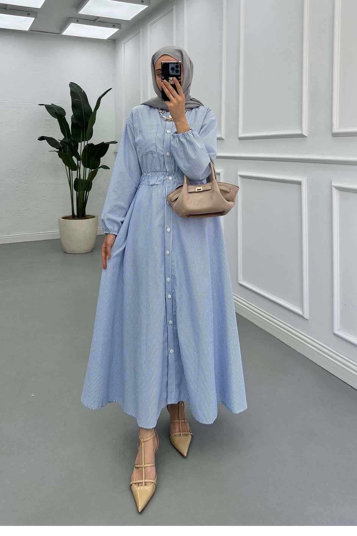 Sare Fashion Elastic Waist Small Stone Dress Blue