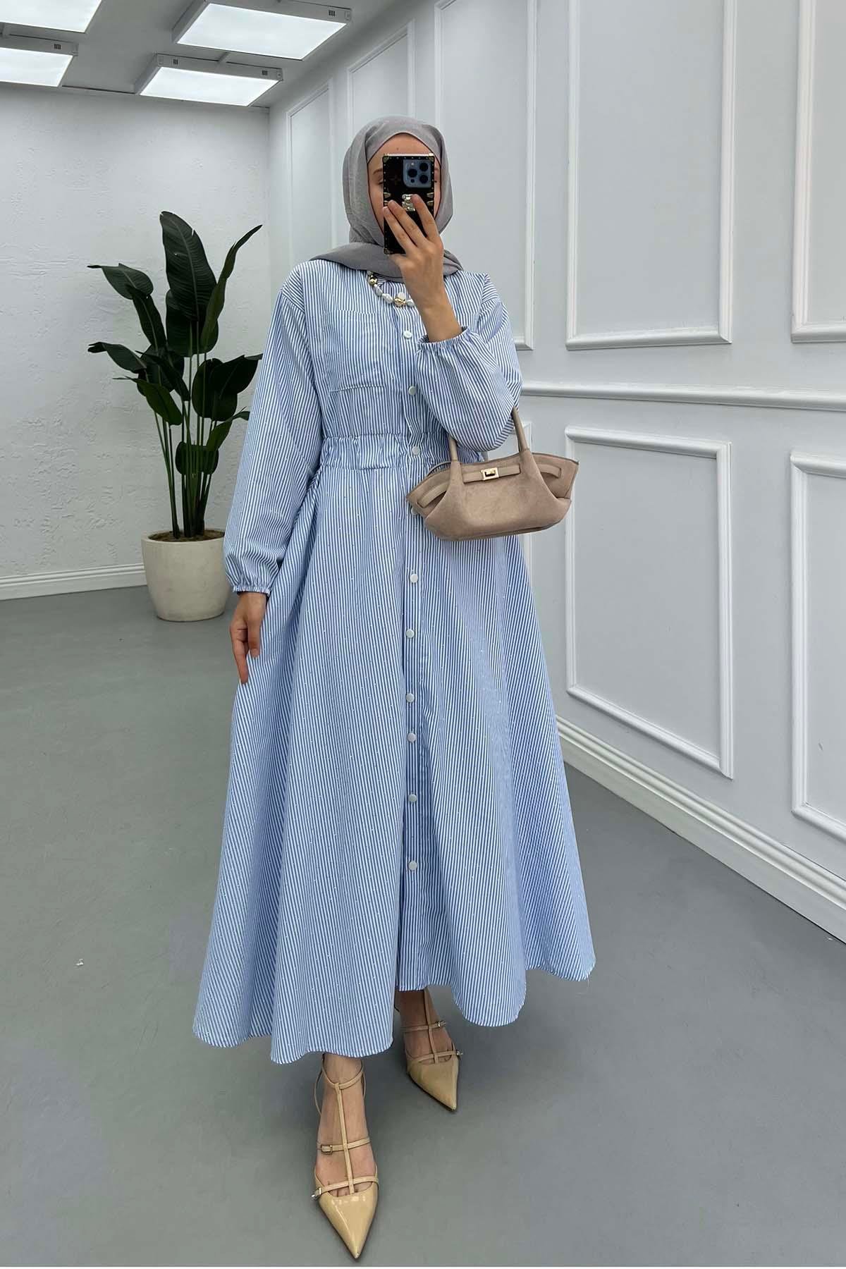 Sare Fashion Elastic Waist Small Stone Dress Blue