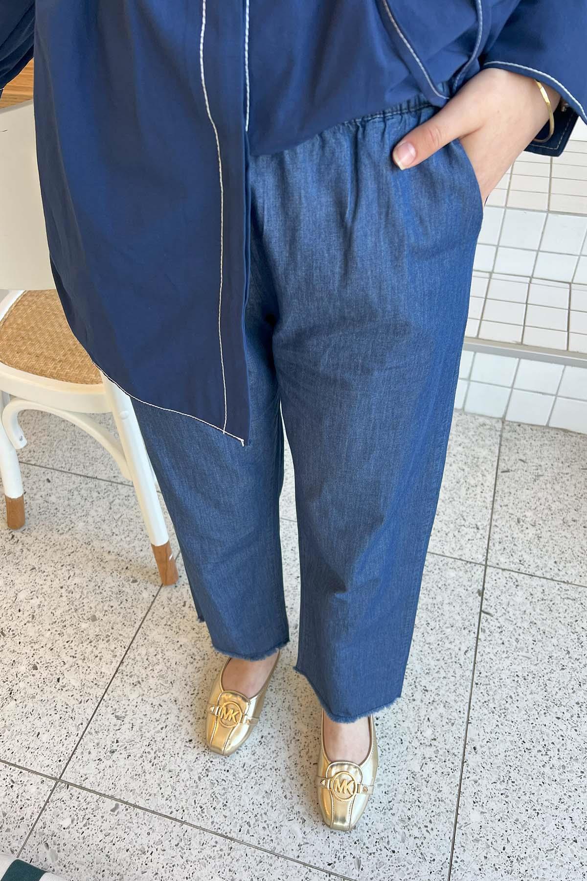 Sare Fashion Elastic Waist Leg Detailed Jeans Navy Blue