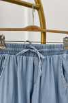 Sare Fashion Elastic Waist Folded Leg Denim Look Trousers Blue