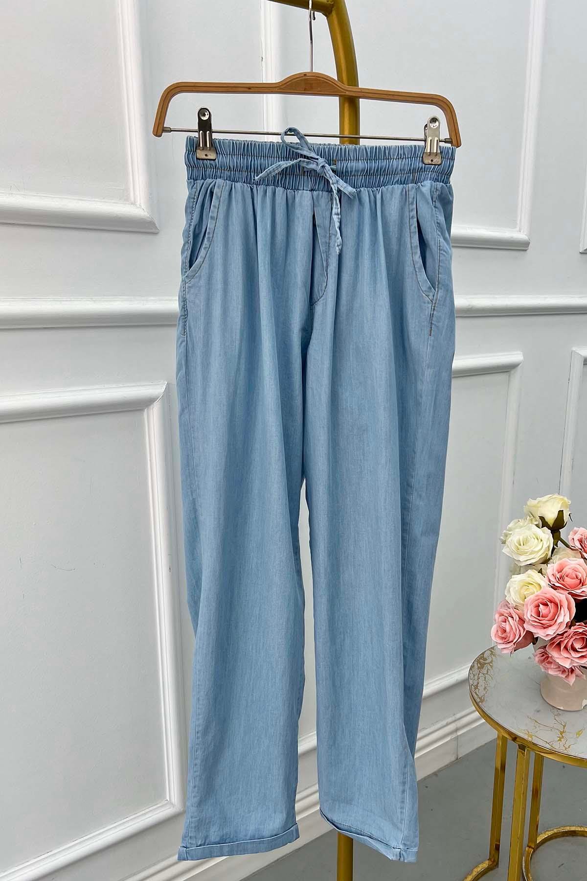 Sare Fashion Elastic Waist Folded Leg Denim Look Trousers Blue