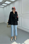 Sare Fashion Elastic Waist Folded Leg Denim Look Trousers Blue