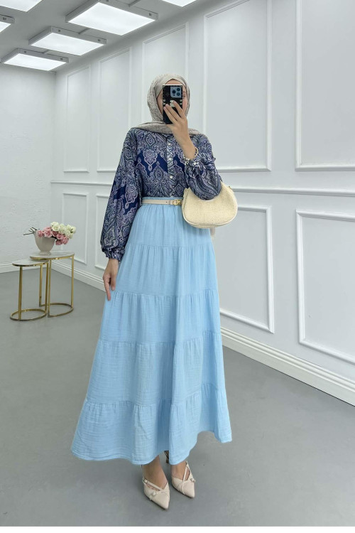 Sare Fashion Elastic Waist Cotton Lined Skirt Baby Blue Sare Fashion Elastic Waist Cotton Lined Skirt Baby Blue