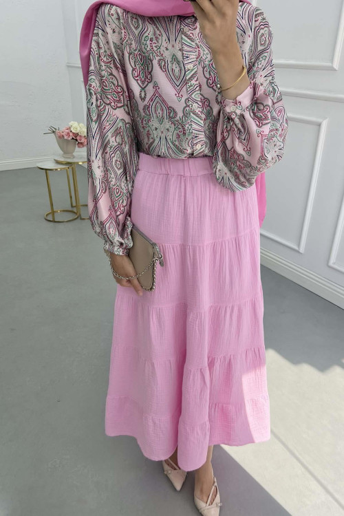 Sare Fashion Elastic Waist Cotton Lined Skirt Pink Sare Fashion Elastic Waist Cotton Lined Skirt Pink