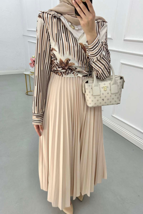 Sare Fashion Elastic Waist Pleated Skirt Beige