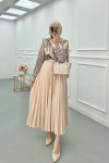 Sare Fashion Elastic Waist Pleated Skirt Beige
