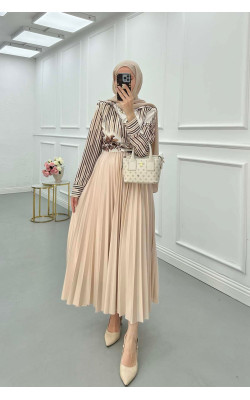 Sare Fashion Elastic Waist Pleated Skirt Beige