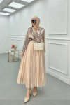 Sare Fashion Elastic Waist Pleated Skirt Beige