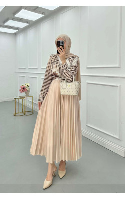 Sare Fashion Elastic Waist Pleated Skirt Beige