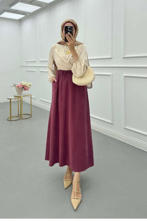 Sare Fashion Elastic Waist Tencel Skirt Burgundy Sare Fashion Elastic Waist Tencel Skirt Burgundy