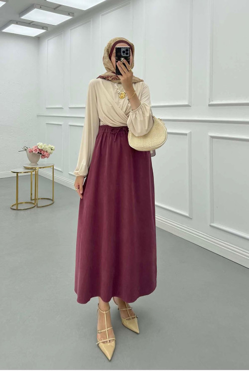 Sare Fashion Elastic Waist Tencel Skirt Burgundy Sare Fashion Elastic Waist Tencel Skirt Burgundy
