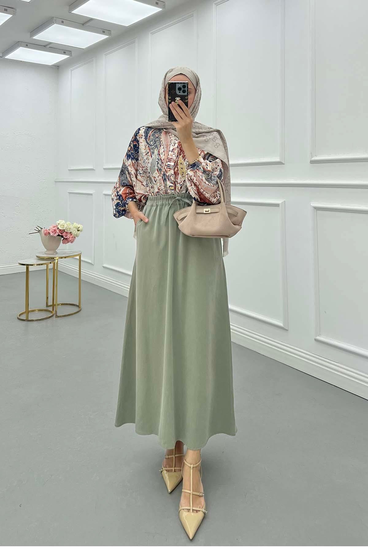 Sare Fashion Elastic Waist Tencel Skirt, Almond Green