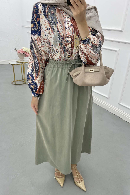 Sare Fashion Elastic Waist Tencel Skirt, Almond Green Sare Fashion Elastic Waist Tencel Skirt, Almond Green