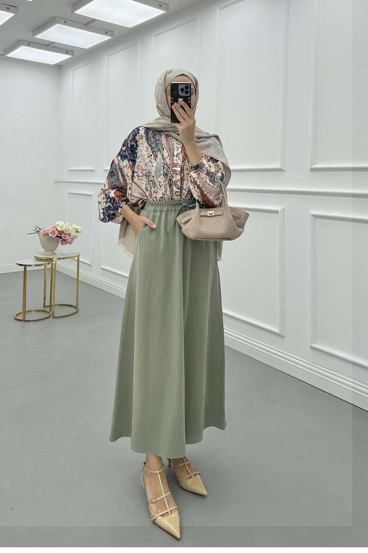 Sare Fashion Elastic Waist Tencel Skirt, Almond Green