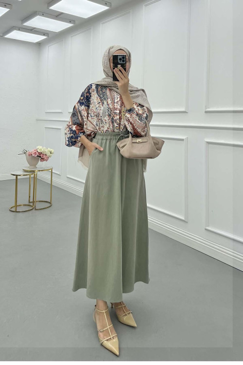 Sare Fashion Elastic Waist Tencel Skirt, Almond Green Sare Fashion Elastic Waist Tencel Skirt, Almond Green