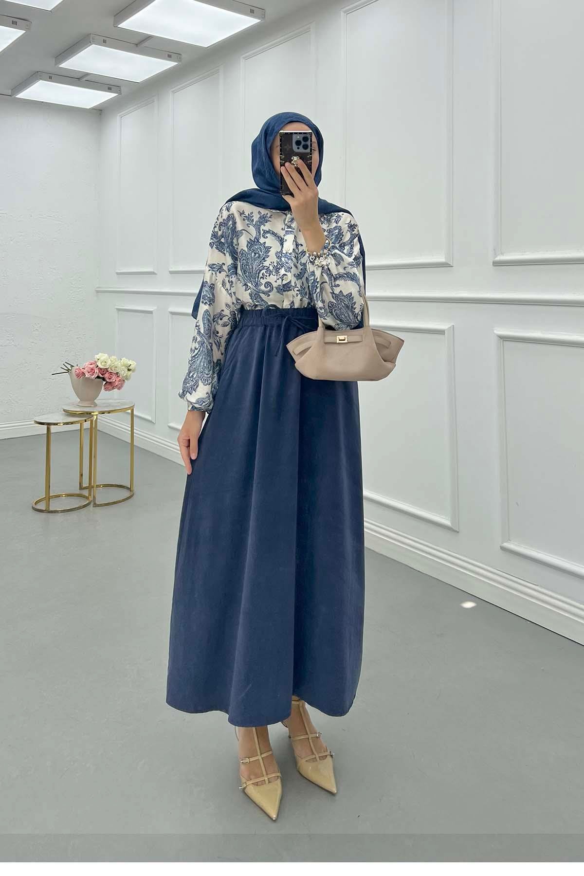 Sare Fashion Elastic Waist Tencel Skirt Indigo