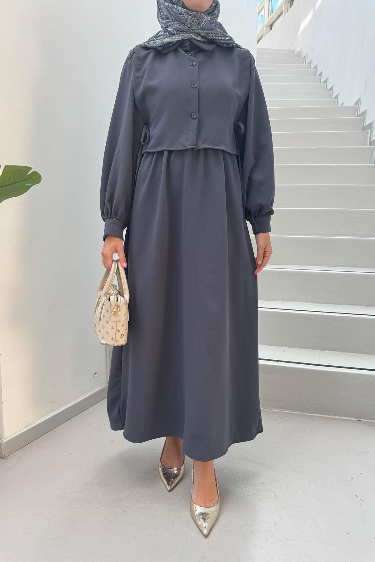 Sare Fashion Elastic Waist Vest Detailed Double Dress Anthracite