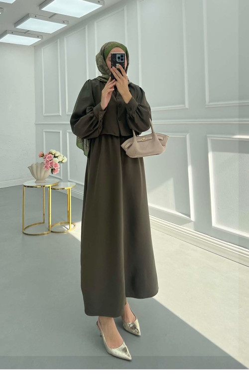 Sare Fashion Double Dress with Elastic Waistband and Vest Detail, Khaki