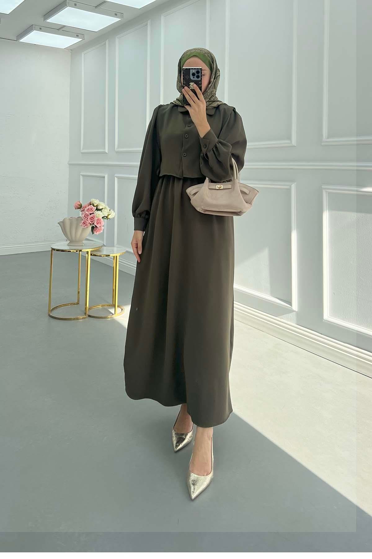 Sare Fashion Double Dress with Elastic Waistband and Vest Detail, Khaki