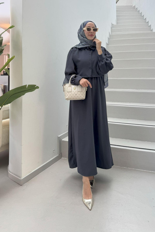 Sare Fashion Elastic Waist Vest Detailed Double Dress Anthracite Sare Fashion Elastic Waist Vest Detailed Double Dress Anthracite