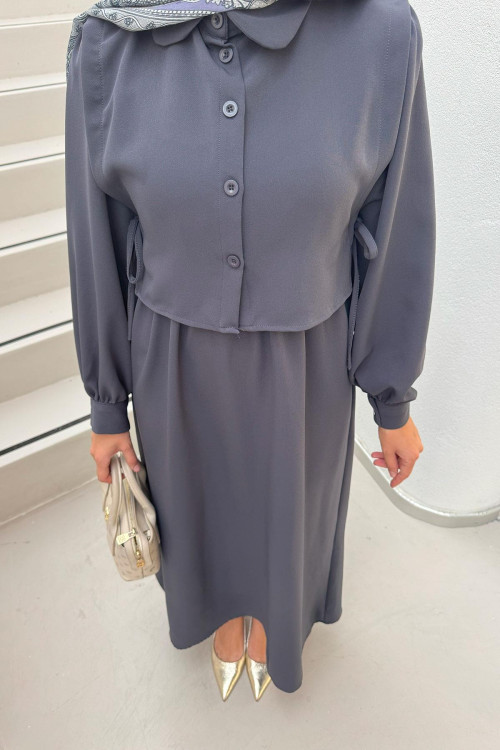 Sare Fashion Elastic Waist Vest Detailed Double Dress Anthracite Sare Fashion Elastic Waist Vest Detailed Double Dress Anthracite