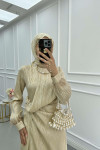 Sare Fashion Tulle Detailed Ankle Jacquard Dress Beige