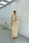 Sare Fashion Tulle Detailed Ankle Jacquard Dress Beige