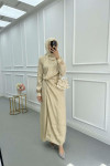 Sare Fashion Tulle Detailed Ankle Jacquard Dress Beige