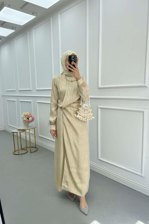 Sare Fashion Tulle Detailed Ankle Jacquard Dress Beige