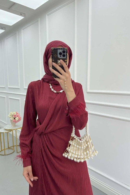 Sare Fashion Jacquard Dress with Tulle Detail on the Ankle, Burgundy