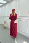 Sare Fashion Jacquard Dress with Tulle Detail on the Ankle, Burgundy