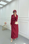 Sare Fashion Jacquard Dress with Tulle Detail on the Ankle, Burgundy
