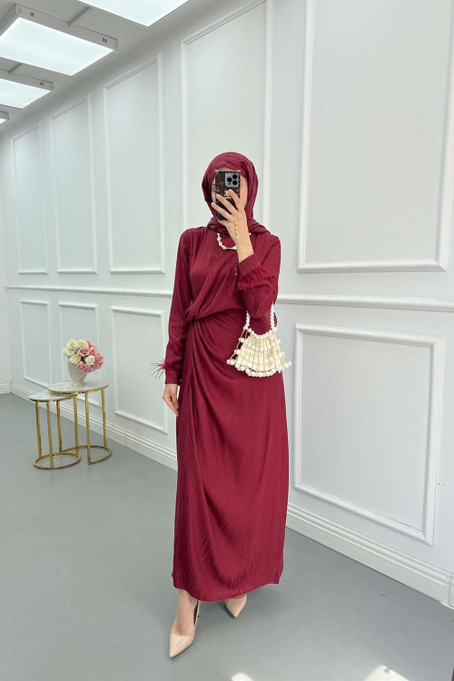 Sare Fashion Jacquard Dress with Tulle Detail on the Ankle, Burgundy