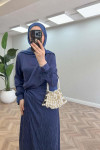 Sare Fashion Jacquard Dress with Tulle Detail on the Wrist Navy Blue