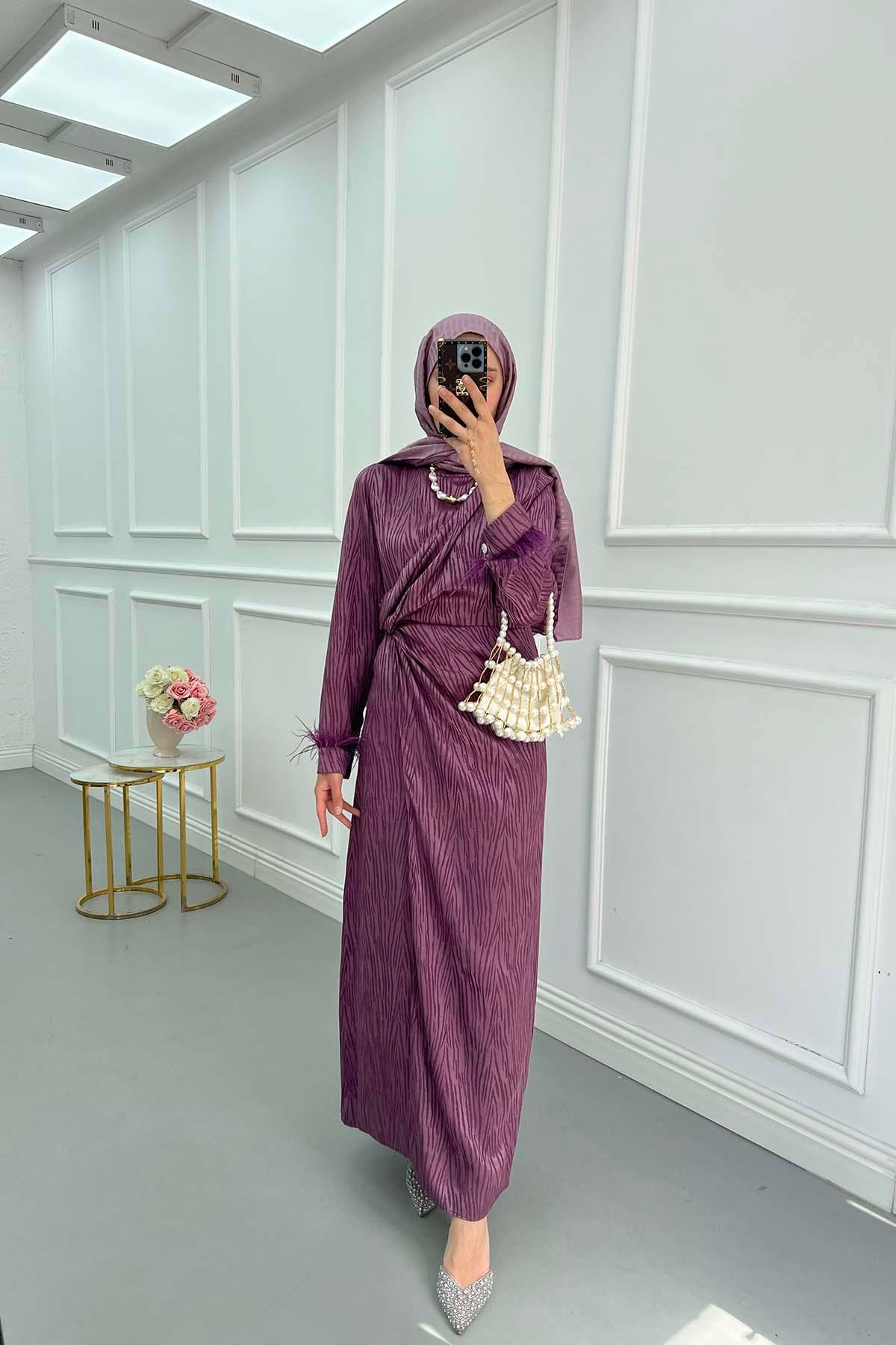 Sare Fashion Tulle Detailed Ankle Jacquard Dress Purple