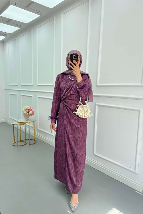 Sare Fashion Tulle Detailed Ankle Jacquard Dress Purple