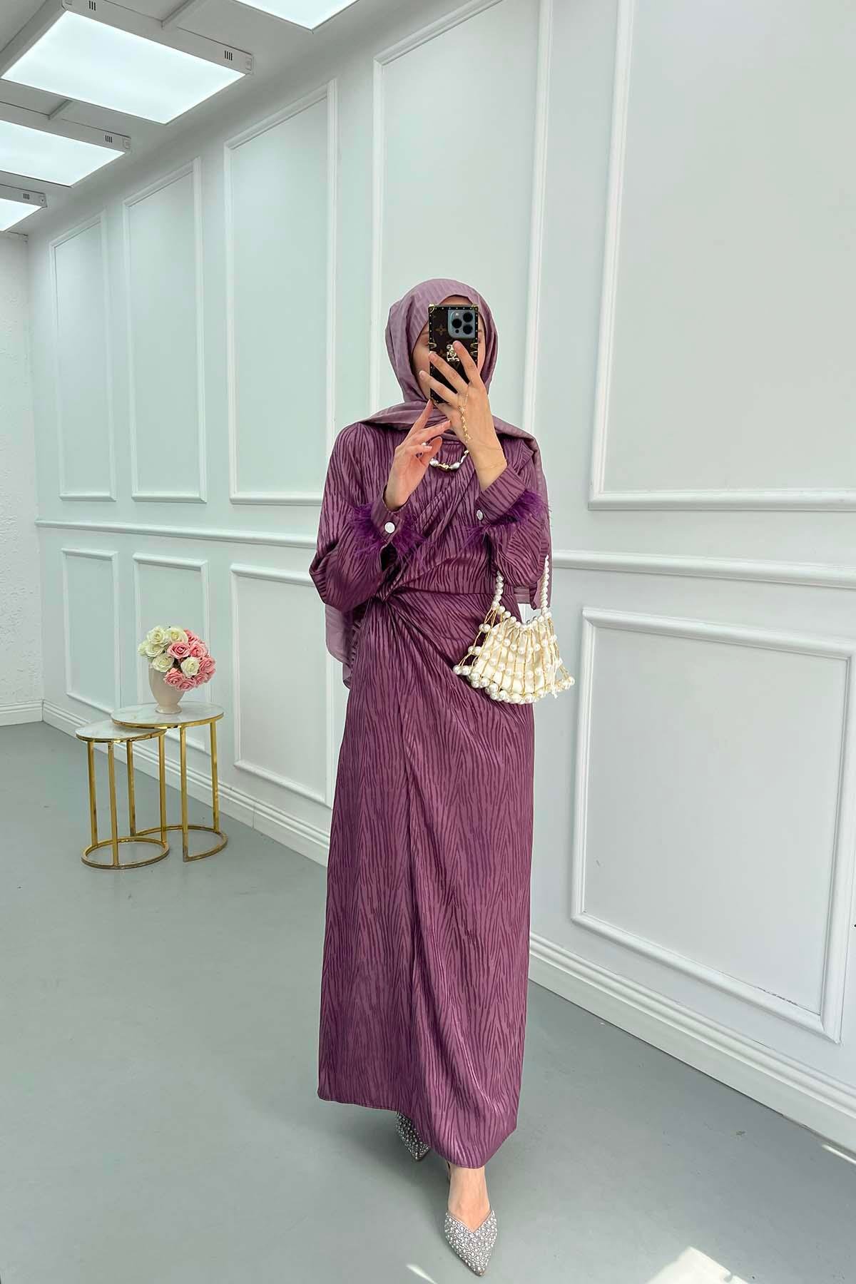 Sare Fashion Tulle Detailed Ankle Jacquard Dress Purple
