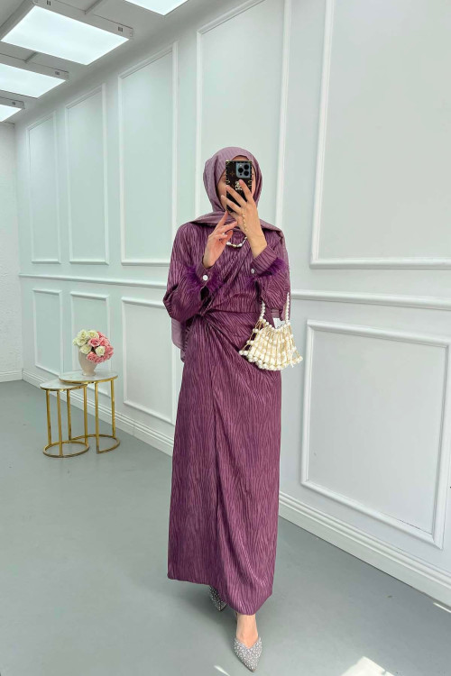 Sare Fashion Tulle Detailed Ankle Jacquard Dress Purple