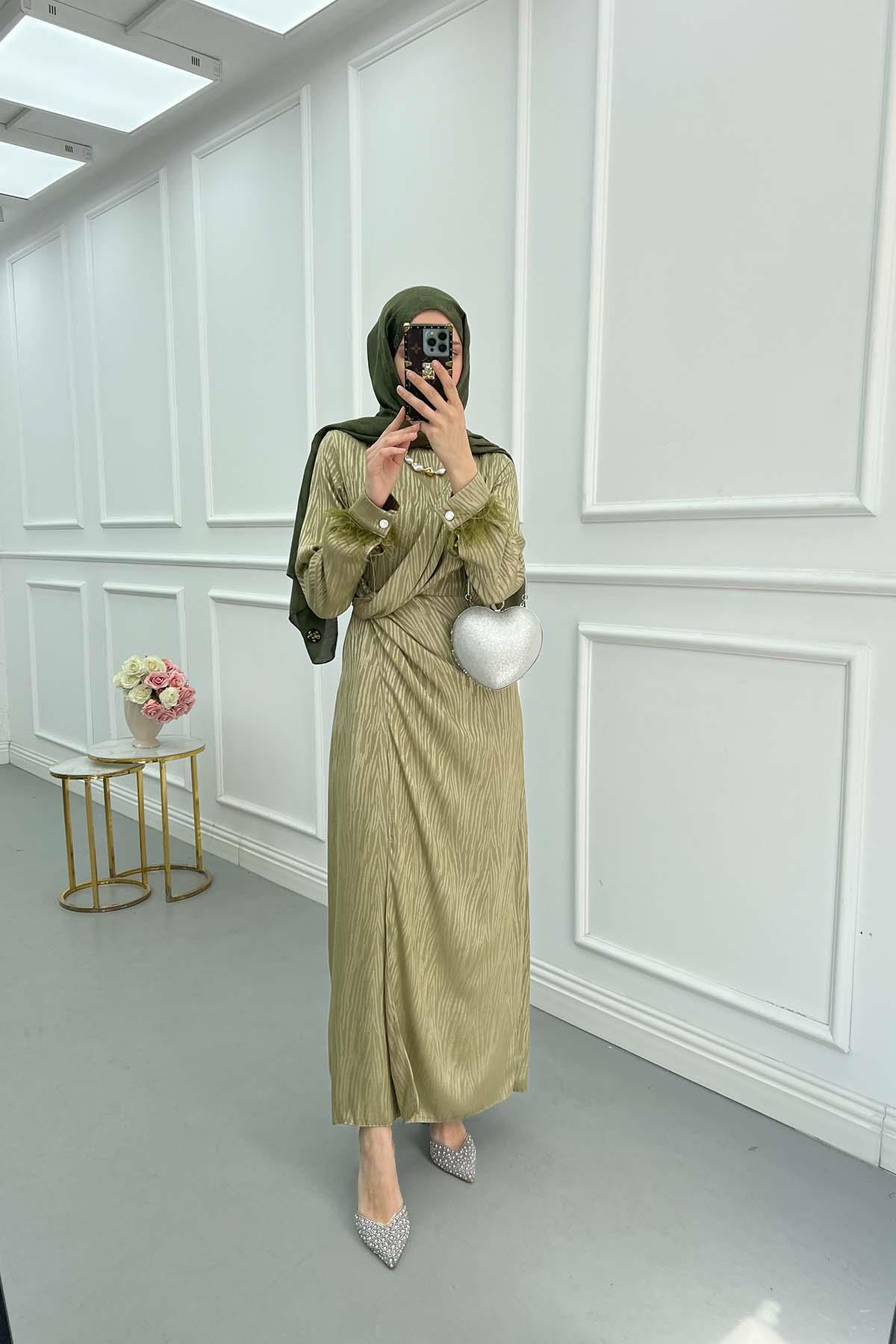 Sare Fashion Tulle Detailed Ankle Jacquard Dress Oil Green