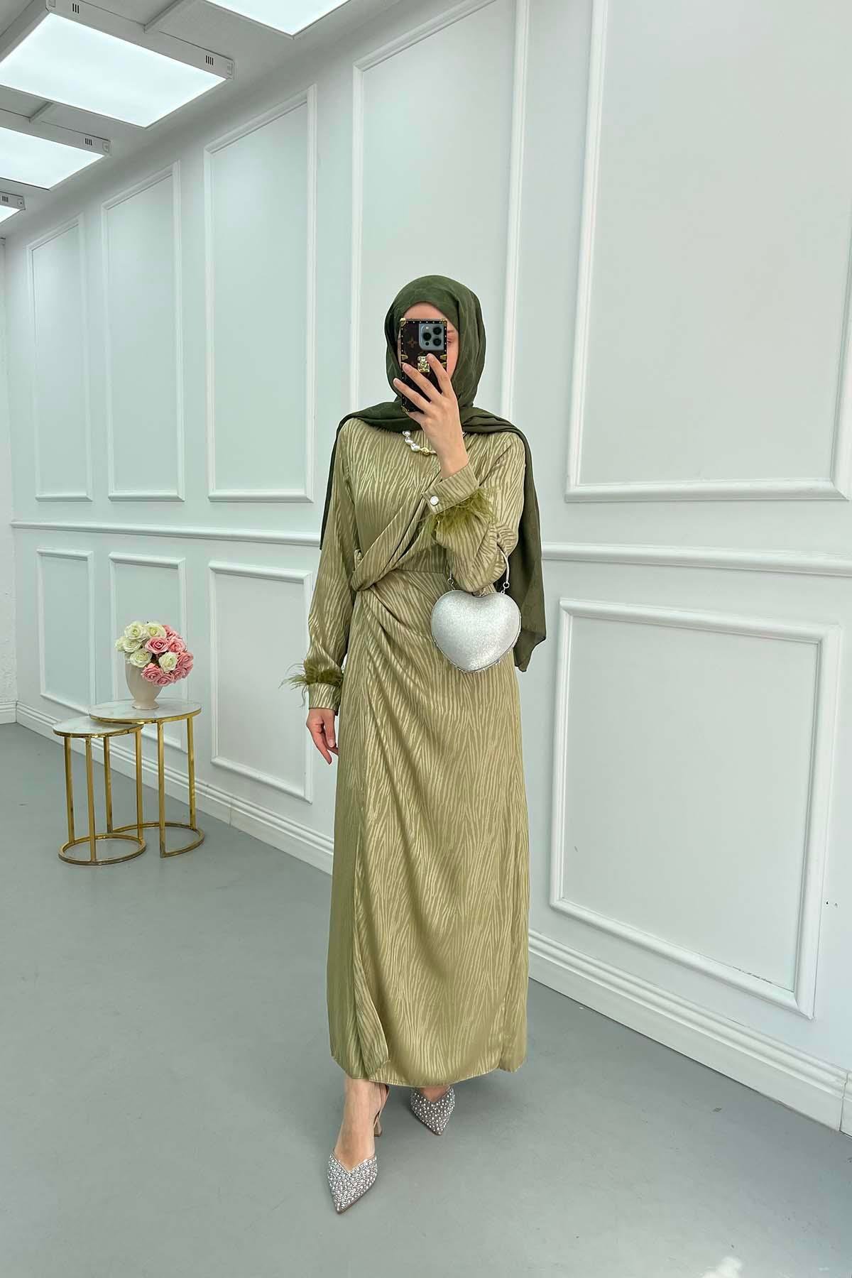 Sare Fashion Tulle Detailed Ankle Jacquard Dress Oil Green