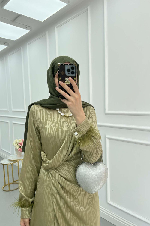 Sare Fashion Tulle Detailed Ankle Jacquard Dress Oil Green